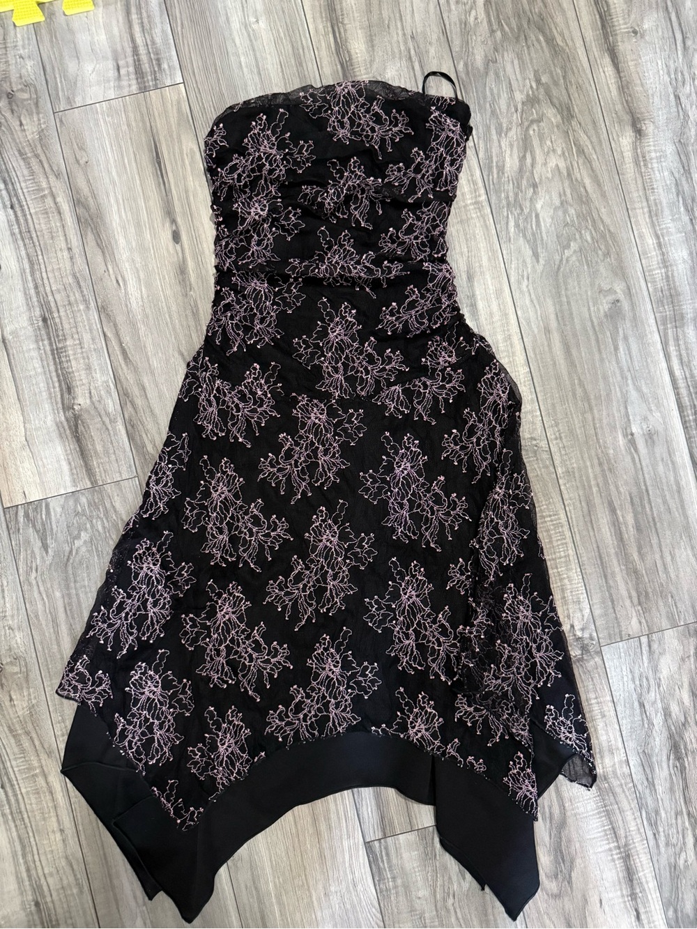 Y2k BEBE Black Strapless Floral Lace Handkerchief Hem Dress